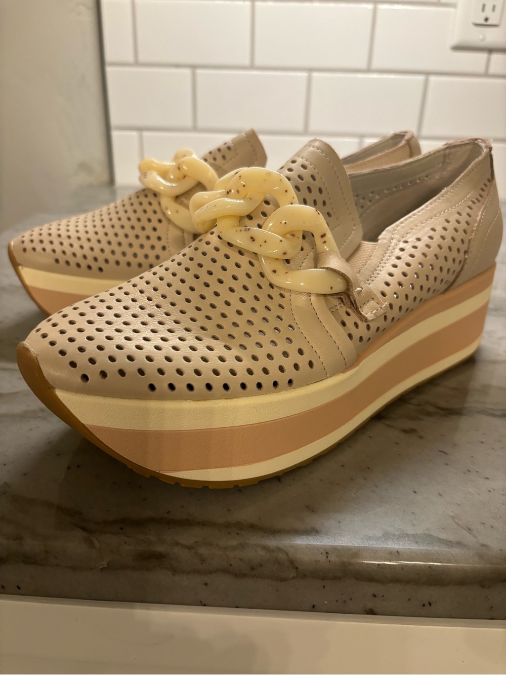 Dolce Vita Jhenee Beige Perforated Platform Slip-Ons with Resin Chain